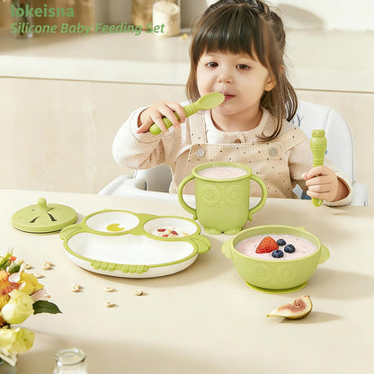 Silicone Baby Feeding Set 13 Piece, Baby Led Weaning Feeding Supplies, Strong Suction Bowl & Suction Plate, Adjustable Bibs, 4-in-1 Cup, Spoon, Food-grade Silicone (Green with white)