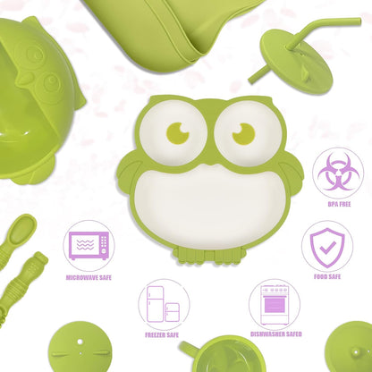 Silicone Baby Feeding Set 13 Piece, Baby Led Weaning Feeding Supplies, Strong Suction Bowl & Suction Plate, Adjustable Bibs, 4-in-1 Cup, Spoon, Food-grade Silicone (Green with white)