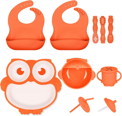 Silicone Baby Feeding Set 13 Piece, Baby Led Weaning Feeding Supplies, Strong Suction Bowl & Suction Plate, Adjustable Bibs, 4-in-1 Cup, Spoon, Food-grade Silicone (Green with white)