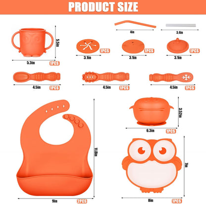 Silicone Baby Feeding Set 13 Piece, Baby Led Weaning Feeding Supplies, Strong Suction Bowl & Suction Plate, Adjustable Bibs, 4-in-1 Cup, Spoon, Food-grade Silicone (Green with white)