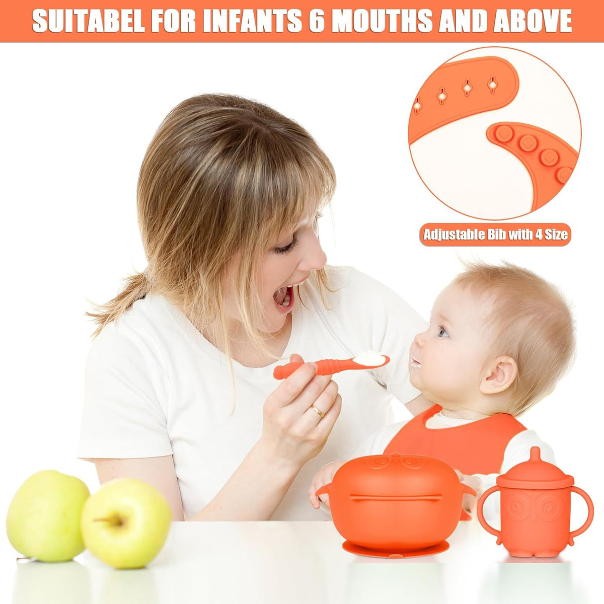 Silicone Baby Feeding Set 13 Piece, Baby Led Weaning Feeding Supplies, Strong Suction Bowl & Suction Plate, Adjustable Bibs, 4-in-1 Cup, Spoon, Food-grade Silicone (Green with white)