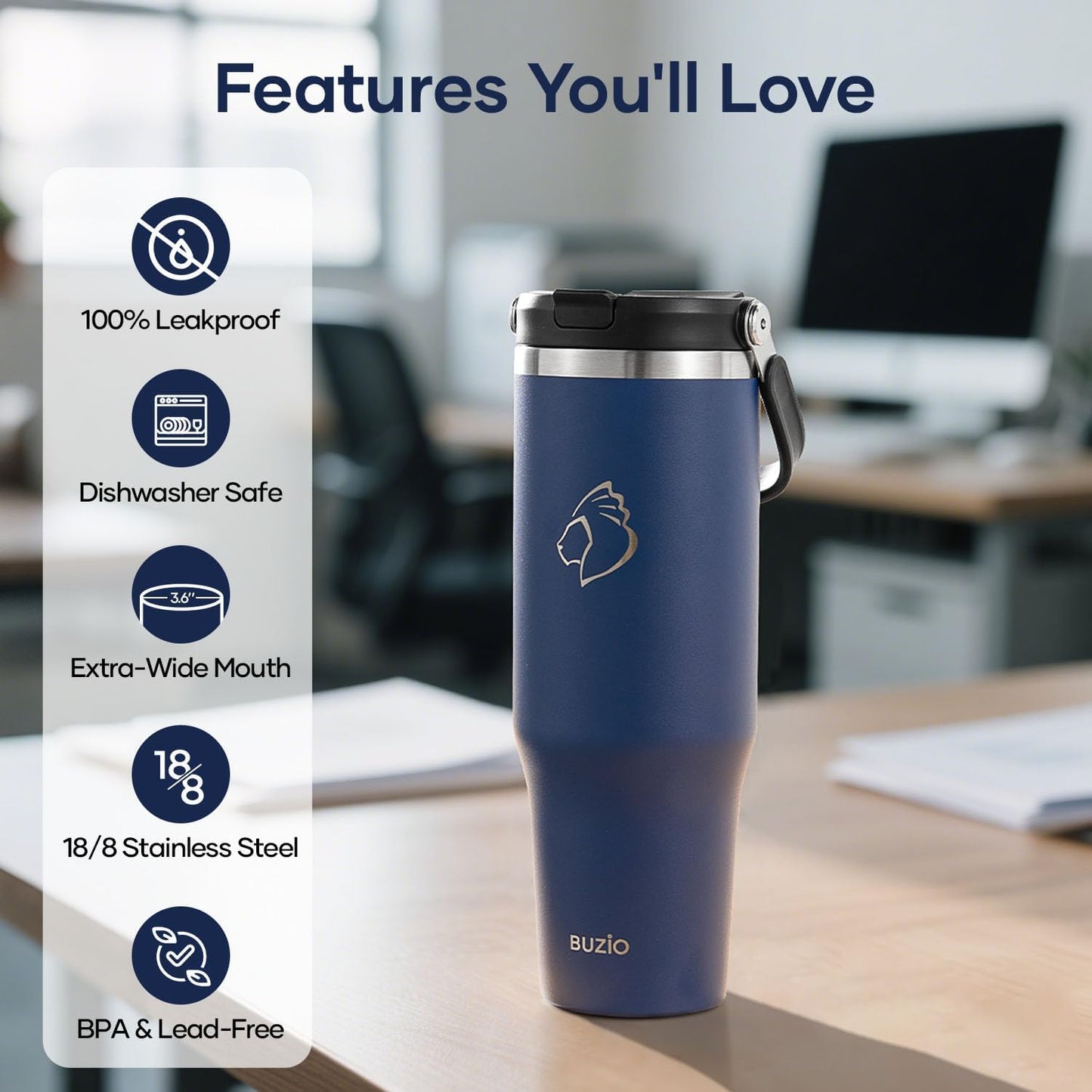 40 oz Tumbler with Handle, Insulated Water Bottle with 2-in-1 Lid | Fits in Cup Holder, Stainless Steel, Coffee Thermo Mug, 48 Hrs Cold, Leakproof Drinking Cups with Lid and Straw