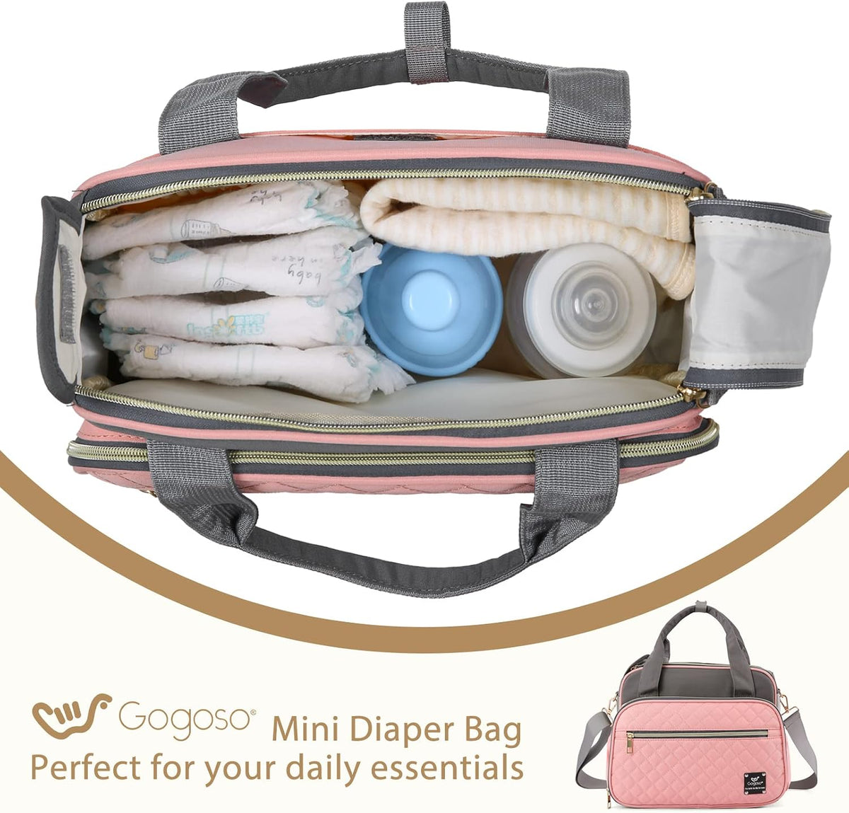Crossbody Small Diaper Bag, Cute Mini Baby Diaper Tote Bags with Insulated Pockets for Traveling Outdoor Parent,Gray