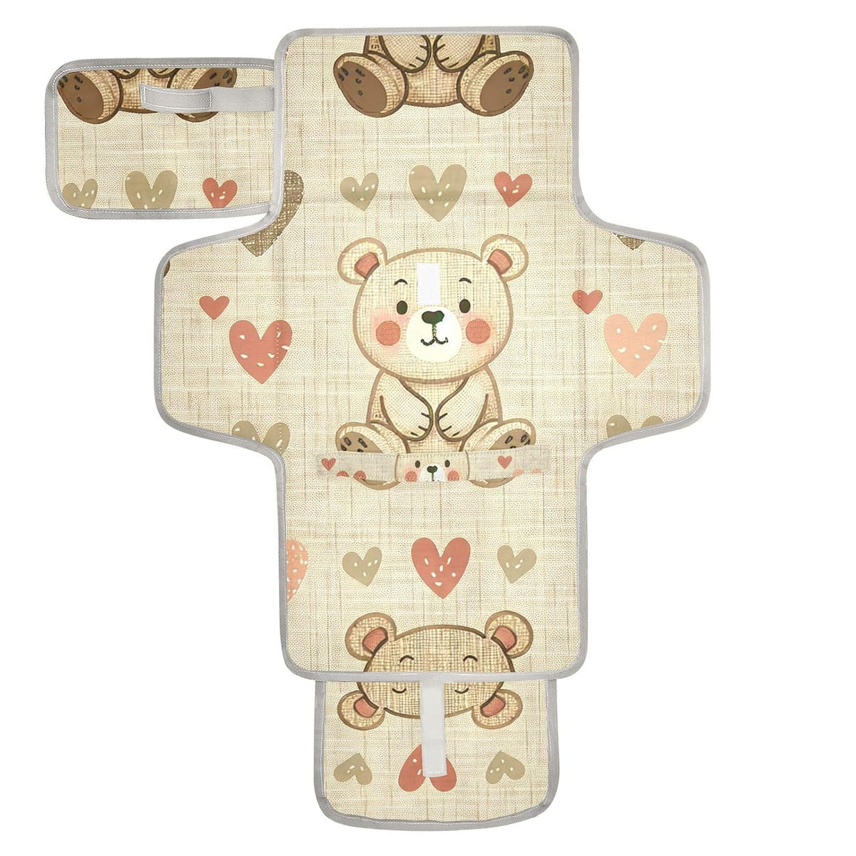 Bear Hearts Pattern Portable Diaper Changing Pad - Waterproof Travel Mat with Head Cushion, Diaper & Wipes Pockets, Foldable Baby Changing Mat for On-The-Go Parents