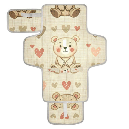 Bear Hearts Pattern Portable Diaper Changing Pad - Waterproof Travel Mat with Head Cushion, Diaper & Wipes Pockets, Foldable Baby Changing Mat for On-The-Go Parents