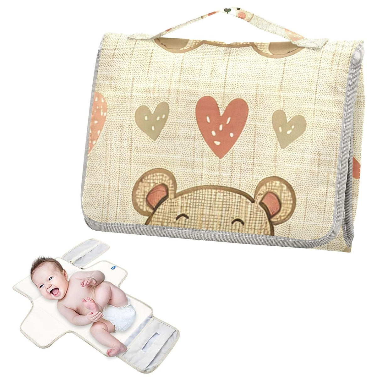 Bear Hearts Pattern Portable Diaper Changing Pad - Waterproof Travel Mat with Head Cushion, Diaper & Wipes Pockets, Foldable Baby Changing Mat for On-The-Go Parents