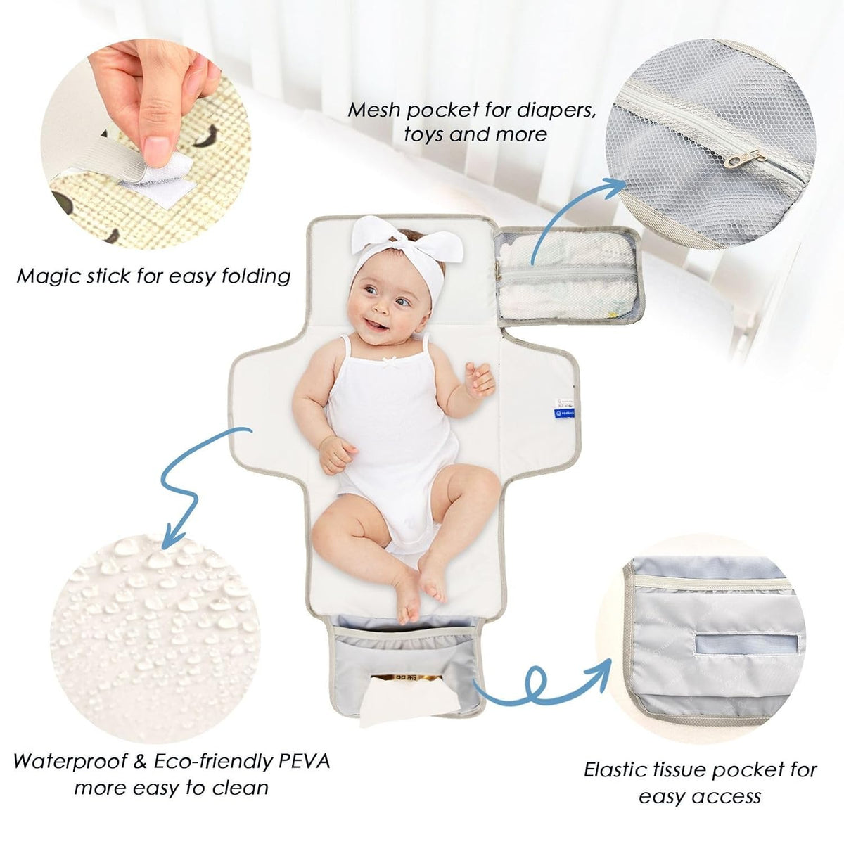Bear Hearts Pattern Portable Diaper Changing Pad - Waterproof Travel Mat with Head Cushion, Diaper & Wipes Pockets, Foldable Baby Changing Mat for On-The-Go Parents