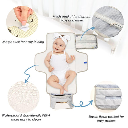 Bear Hearts Pattern Portable Diaper Changing Pad - Waterproof Travel Mat with Head Cushion, Diaper & Wipes Pockets, Foldable Baby Changing Mat for On-The-Go Parents