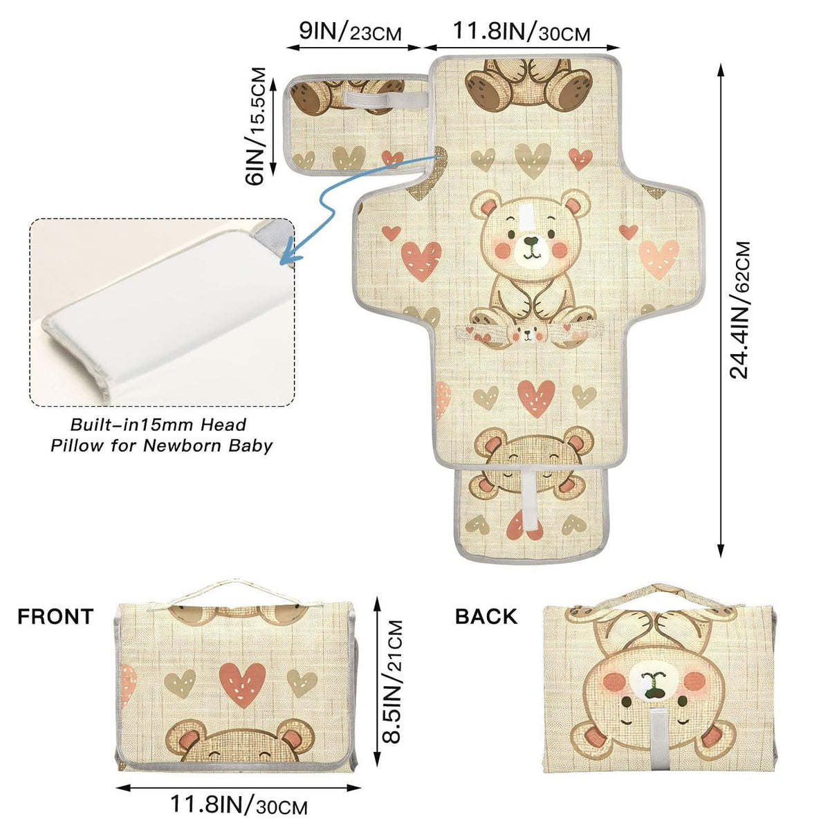 Bear Hearts Pattern Portable Diaper Changing Pad - Waterproof Travel Mat with Head Cushion, Diaper & Wipes Pockets, Foldable Baby Changing Mat for On-The-Go Parents