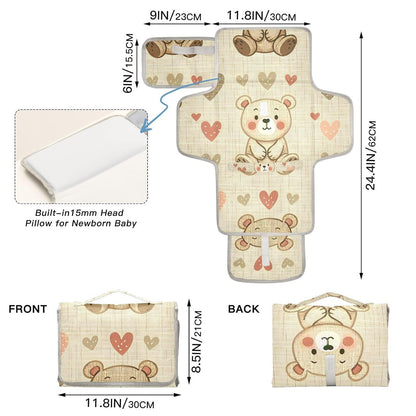 Bear Hearts Pattern Portable Diaper Changing Pad - Waterproof Travel Mat with Head Cushion, Diaper & Wipes Pockets, Foldable Baby Changing Mat for On-The-Go Parents