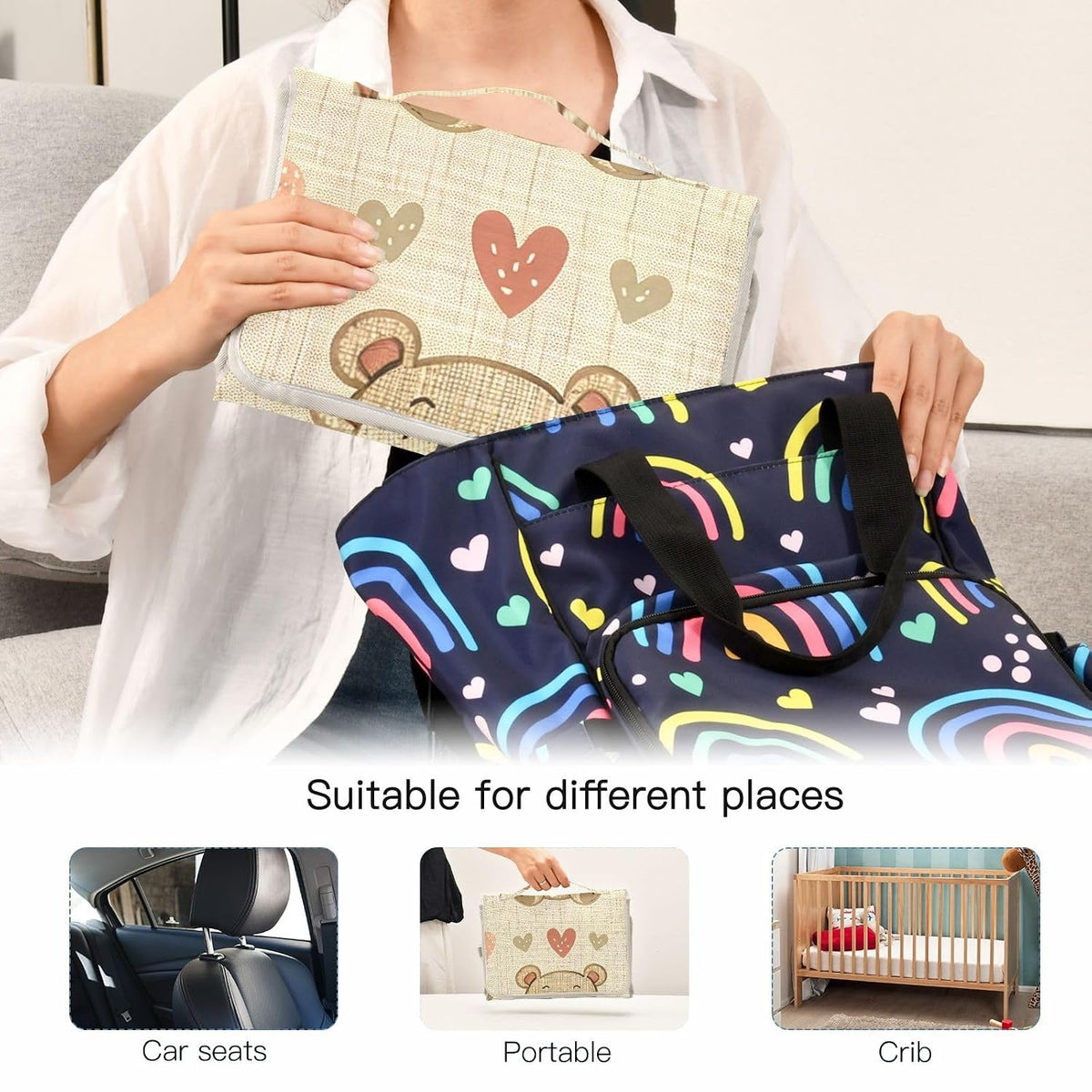 Bear Hearts Pattern Portable Diaper Changing Pad - Waterproof Travel Mat with Head Cushion, Diaper & Wipes Pockets, Foldable Baby Changing Mat for On-The-Go Parents