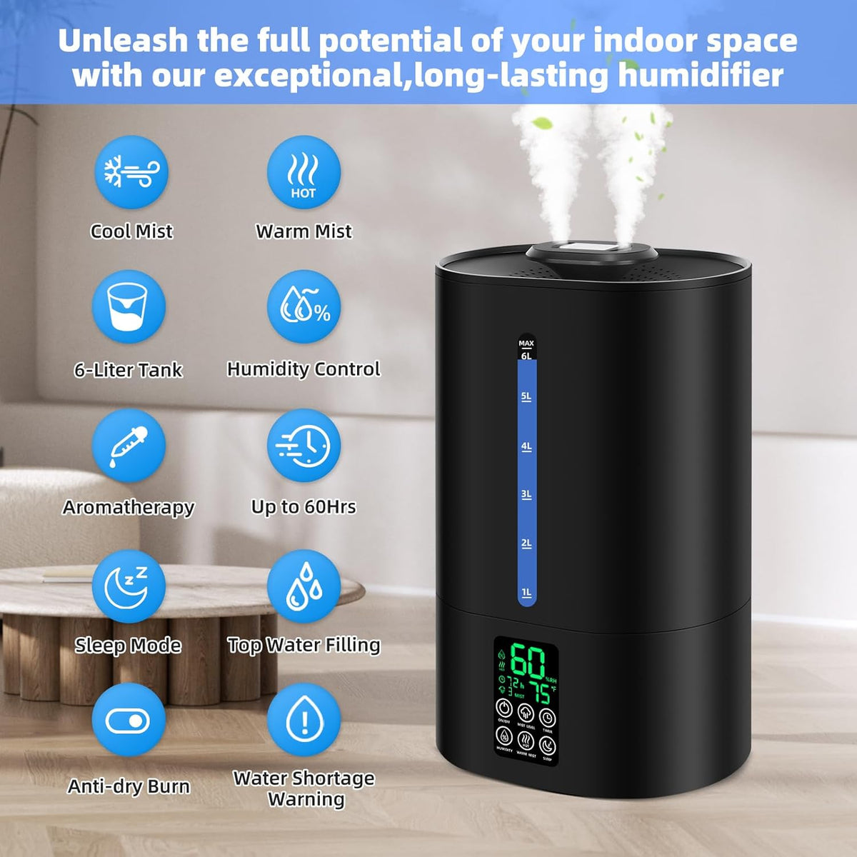 6L Warm & Cool Mist Humidifiers for Bedroom,Large Room,Plants