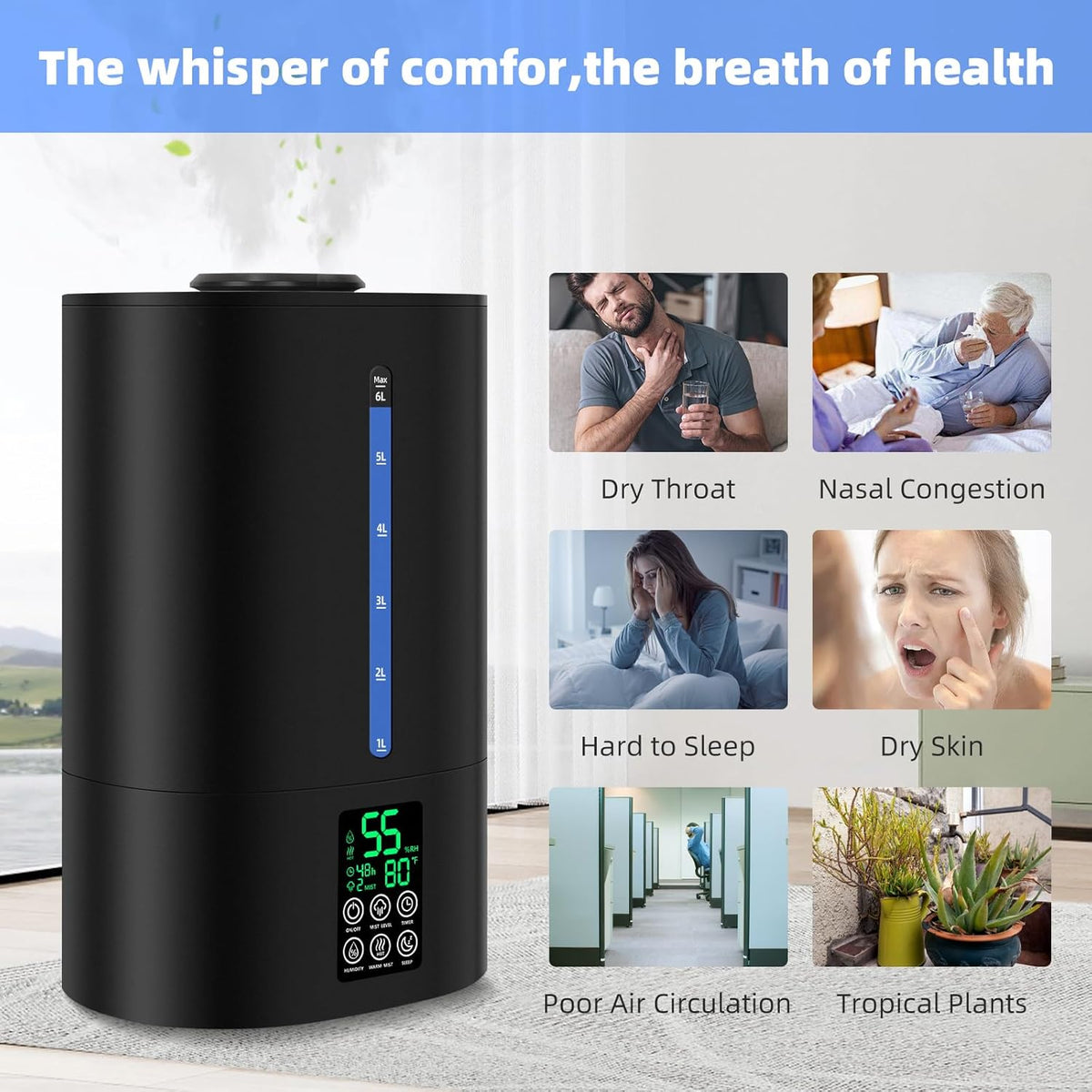 6L Warm & Cool Mist Humidifiers for Bedroom,Large Room,Plants