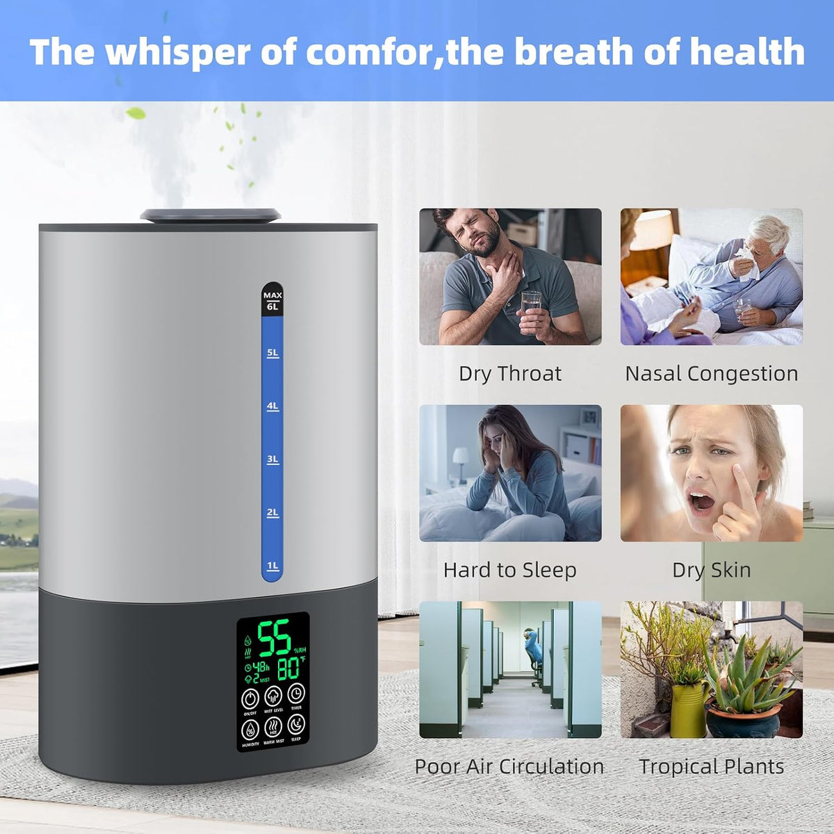 6L Warm & Cool Mist Humidifiers for Bedroom,Large Room,Plants