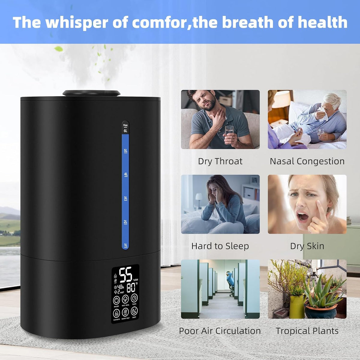 6L Warm & Cool Mist Humidifiers for Bedroom,Large Room,Plants