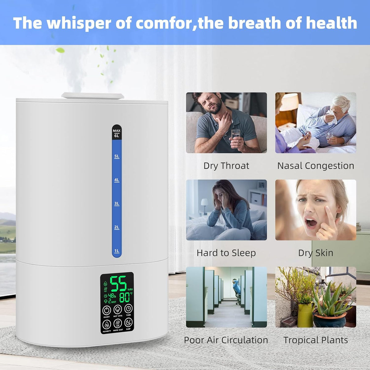 6L Warm & Cool Mist Humidifiers for Bedroom,Large Room,Plants