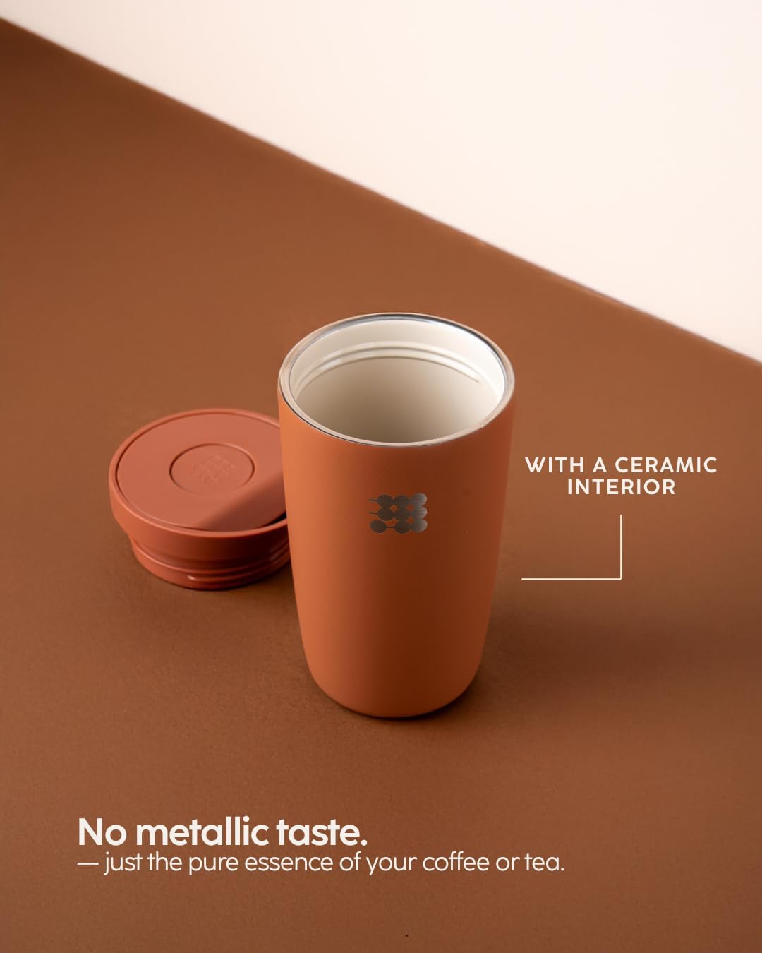 Coffee Mug 12oz, Smart Lid Stainless Steel – Sand | Ceramic Interior, Leak-Proof Design