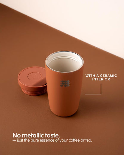 Coffee Mug 12oz, Smart Lid Stainless Steel – Sand | Ceramic Interior, Leak-Proof Design