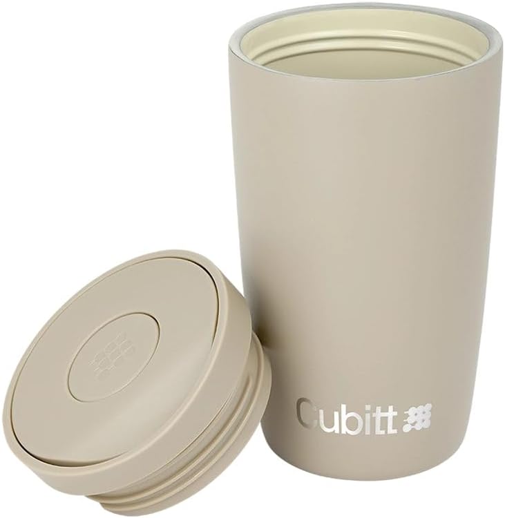 Coffee Mug 12oz, Smart Lid Stainless Steel – Sand | Ceramic Interior, Leak-Proof Design