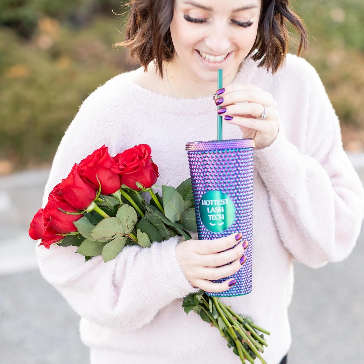 24oz Studded Tumblers | Insulated Double Wall | With Screw on Lid and Straw | Cold Beverage | Hand Wash | Mint Green, Focused & Fabulous