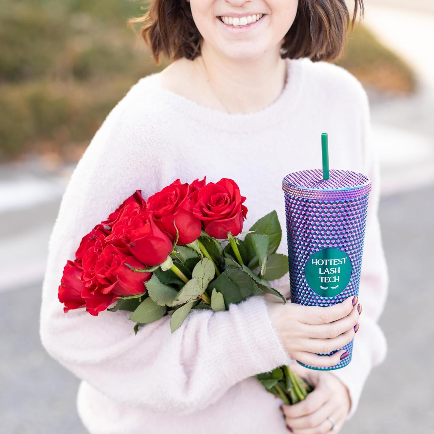 24oz Studded Tumblers | Insulated Double Wall | With Screw on Lid and Straw | Cold Beverage | Hand Wash | Mint Green, Focused & Fabulous