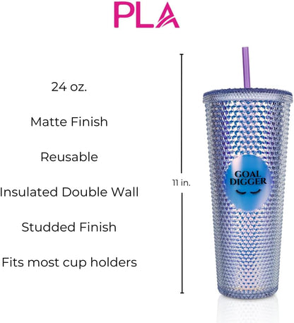 24oz Studded Tumblers | Insulated Double Wall | With Screw on Lid and Straw | Cold Beverage | Hand Wash | Mint Green, Focused & Fabulous