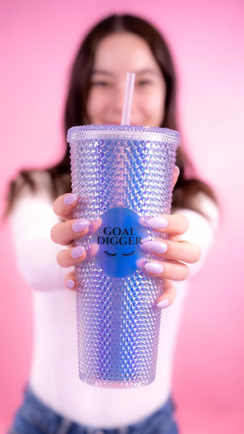 24oz Studded Tumblers | Insulated Double Wall | With Screw on Lid and Straw | Cold Beverage | Hand Wash | Mint Green, Focused & Fabulous