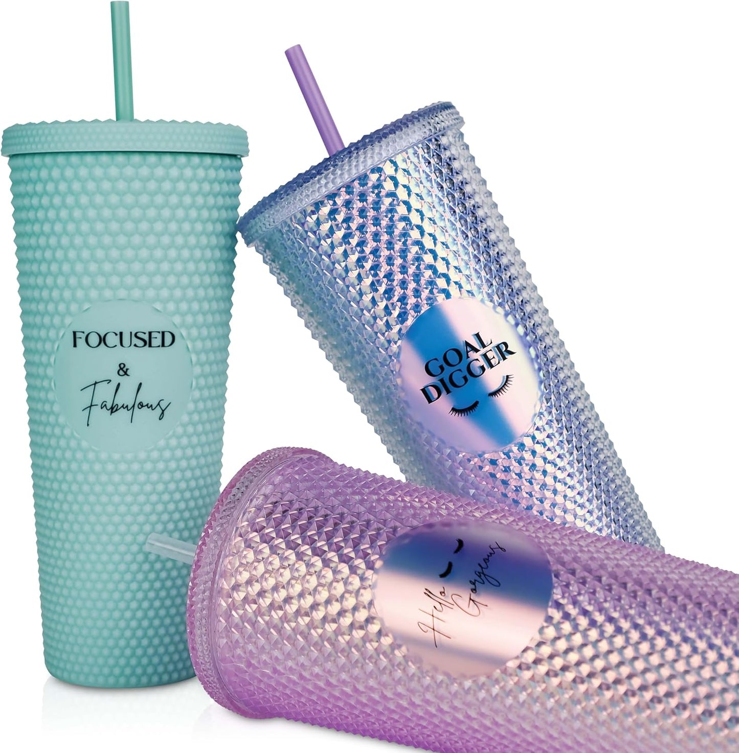 24oz Studded Tumblers | Insulated Double Wall | With Screw on Lid and Straw | Cold Beverage | Hand Wash | Mint Green, Focused & Fabulous