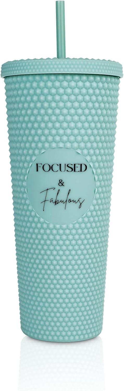 24oz Studded Tumblers | Insulated Double Wall | With Screw on Lid and Straw | Cold Beverage | Hand Wash | Mint Green, Focused & Fabulous