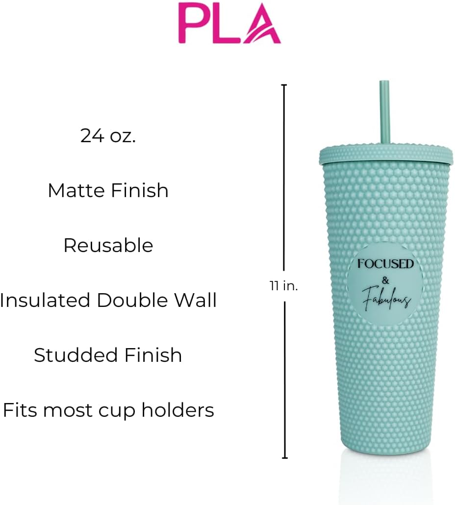 24oz Studded Tumblers | Insulated Double Wall | With Screw on Lid and Straw | Cold Beverage | Hand Wash | Mint Green, Focused & Fabulous