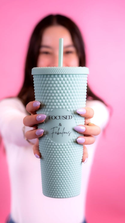 24oz Studded Tumblers | Insulated Double Wall | With Screw on Lid and Straw | Cold Beverage | Hand Wash | Mint Green, Focused & Fabulous