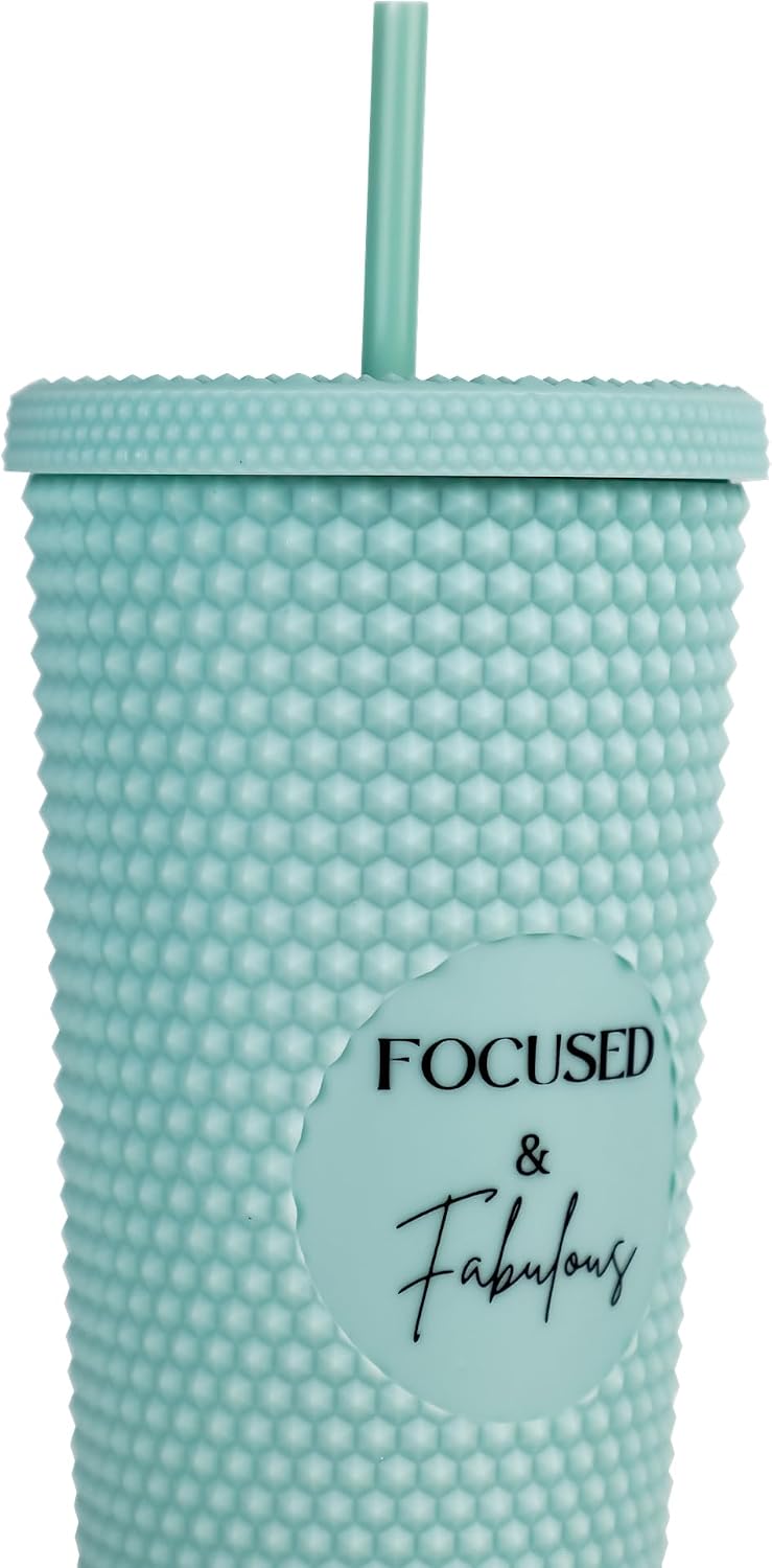 24oz Studded Tumblers | Insulated Double Wall | With Screw on Lid and Straw | Cold Beverage | Hand Wash | Mint Green, Focused & Fabulous