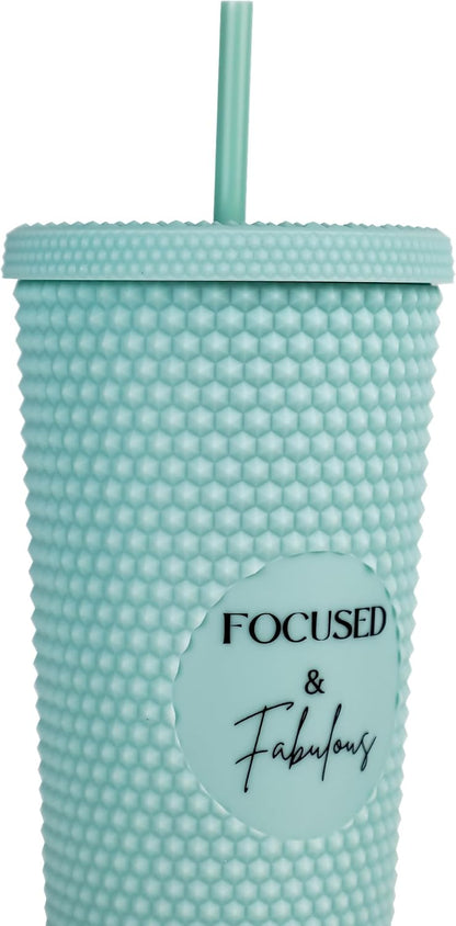 24oz Studded Tumblers | Insulated Double Wall | With Screw on Lid and Straw | Cold Beverage | Hand Wash | Mint Green, Focused & Fabulous