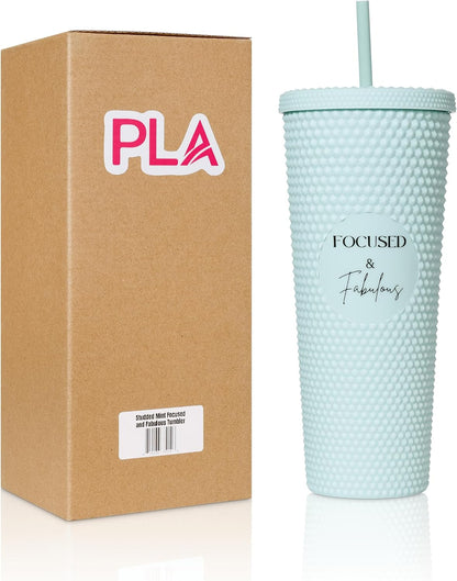 24oz Studded Tumblers | Insulated Double Wall | With Screw on Lid and Straw | Cold Beverage | Hand Wash | Mint Green, Focused & Fabulous