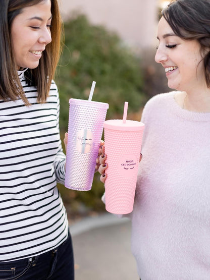 24oz Studded Tumblers | Insulated Double Wall | With Screw on Lid and Straw | Cold Beverage | Hand Wash | Mint Green, Focused & Fabulous