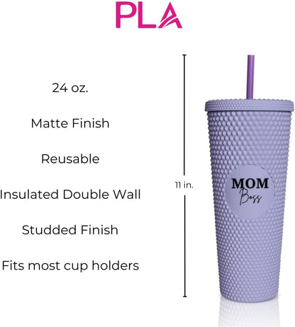 24oz Studded Tumblers | Insulated Double Wall | With Screw on Lid and Straw | Cold Beverage | Hand Wash | Mint Green, Focused & Fabulous