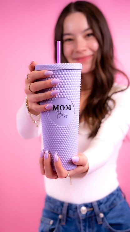 24oz Studded Tumblers | Insulated Double Wall | With Screw on Lid and Straw | Cold Beverage | Hand Wash | Mint Green, Focused & Fabulous