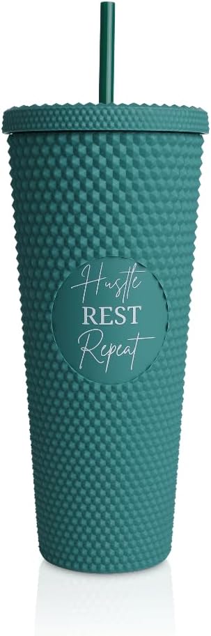 24oz Studded Tumblers | Insulated Double Wall | With Screw on Lid and Straw | Cold Beverage | Hand Wash | Mint Green, Focused & Fabulous