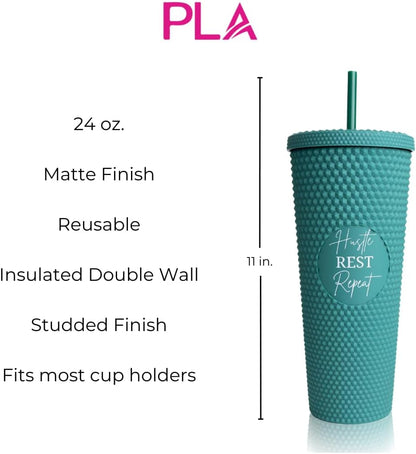 24oz Studded Tumblers | Insulated Double Wall | With Screw on Lid and Straw | Cold Beverage | Hand Wash | Mint Green, Focused & Fabulous