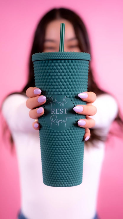 24oz Studded Tumblers | Insulated Double Wall | With Screw on Lid and Straw | Cold Beverage | Hand Wash | Mint Green, Focused & Fabulous