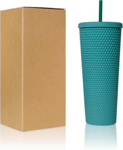 24oz Studded Tumblers | Insulated Double Wall | With Screw on Lid and Straw | Cold Beverage | Hand Wash | Mint Green, Focused & Fabulous