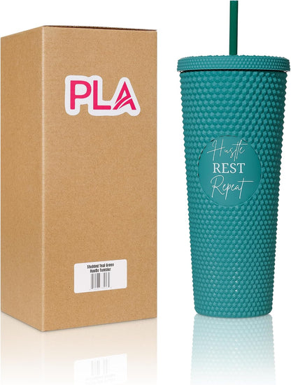 24oz Studded Tumblers | Insulated Double Wall | With Screw on Lid and Straw | Cold Beverage | Hand Wash | Mint Green, Focused & Fabulous