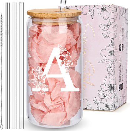 Personalized Tumbler, Monogrammed Can Glass Cups with Bamboo Lids and Straws, Customized Gifts for Women, Cute Design Initial Iced Coffee glasses, Custom Letter Mug, Birthday Bridesmaid, V