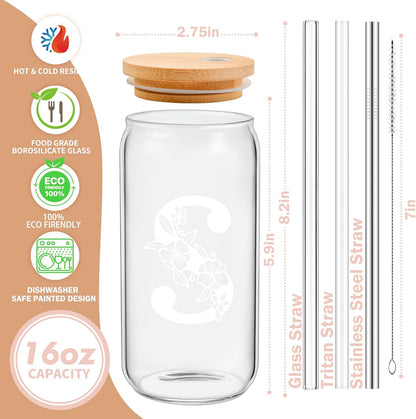Personalized Tumbler, Monogrammed Can Glass Cups with Bamboo Lids and Straws, Customized Gifts for Women, Cute Design Initial Iced Coffee glasses, Custom Letter Mug, Birthday Bridesmaid, V