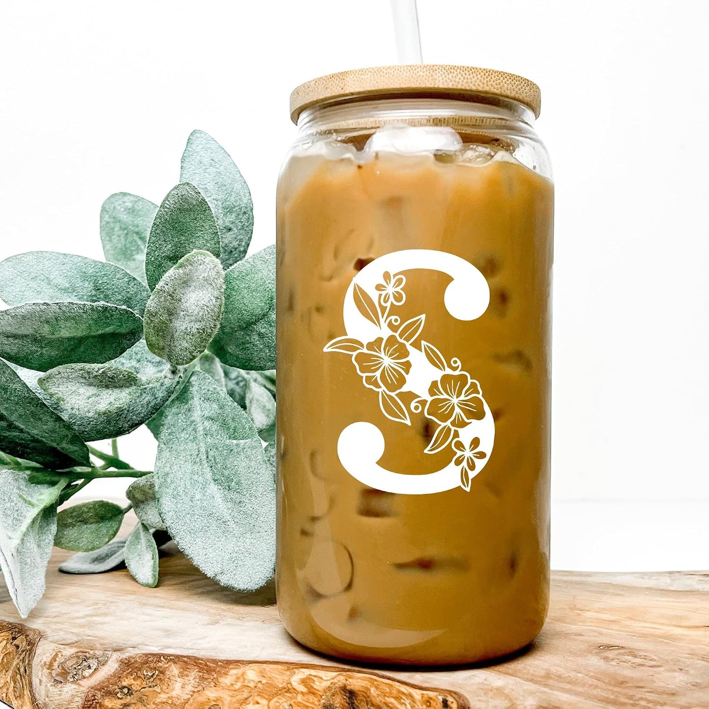 Personalized Tumbler, Monogrammed Can Glass Cups with Bamboo Lids and Straws, Customized Gifts for Women, Cute Design Initial Iced Coffee glasses, Custom Letter Mug, Birthday Bridesmaid, V