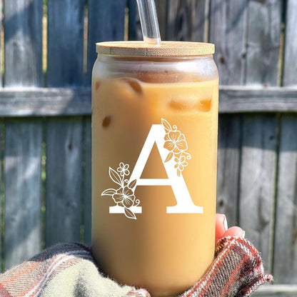 Personalized Tumbler, Monogrammed Can Glass Cups with Bamboo Lids and Straws, Customized Gifts for Women, Cute Design Initial Iced Coffee glasses, Custom Letter Mug, Birthday Bridesmaid, V
