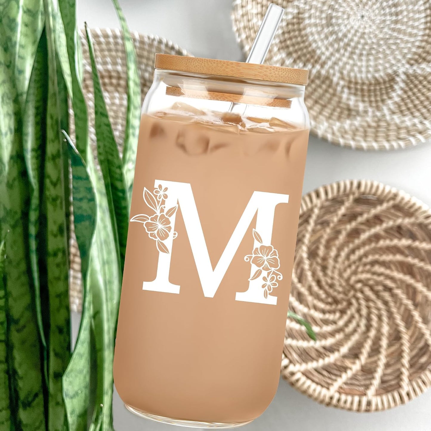 Personalized Tumbler, Monogrammed Can Glass Cups with Bamboo Lids and Straws, Customized Gifts for Women, Cute Design Initial Iced Coffee glasses, Custom Letter Mug, Birthday Bridesmaid, V
