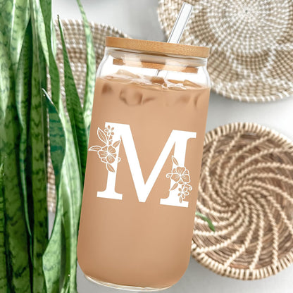 Personalized Tumbler, Monogrammed Can Glass Cups with Bamboo Lids and Straws, Customized Gifts for Women, Cute Design Initial Iced Coffee glasses, Custom Letter Mug, Birthday Bridesmaid, V