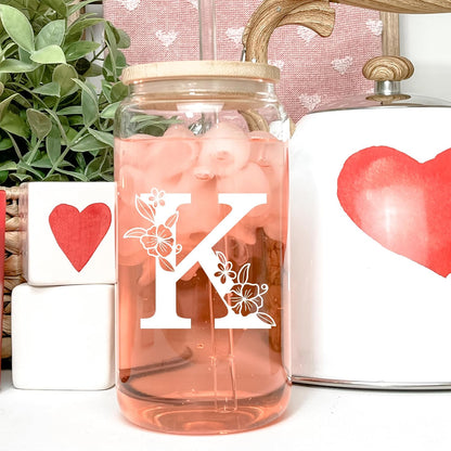 Personalized Tumbler, Monogrammed Can Glass Cups with Bamboo Lids and Straws, Customized Gifts for Women, Cute Design Initial Iced Coffee glasses, Custom Letter Mug, Birthday Bridesmaid, V