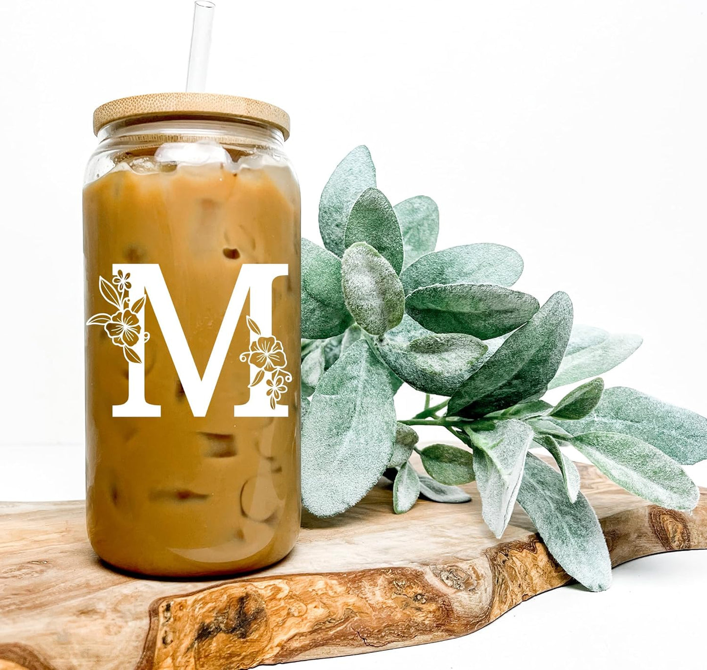 Personalized Tumbler, Monogrammed Can Glass Cups with Bamboo Lids and Straws, Customized Gifts for Women, Cute Design Initial Iced Coffee glasses, Custom Letter Mug, Birthday Bridesmaid, V